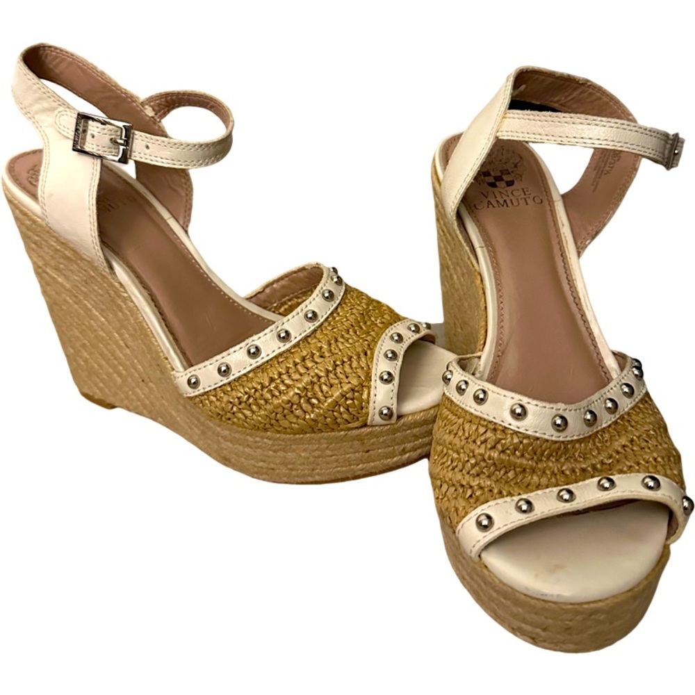 Vince Camuto HALEN Studded Straw Woven Chunky Platform Espadrille Wedge Sandals